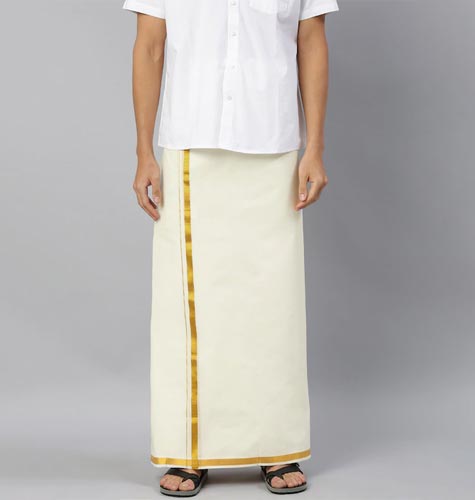 Mens Cream-Coloured Pure Cotton Double Layer Dhoti Gold Zari Border